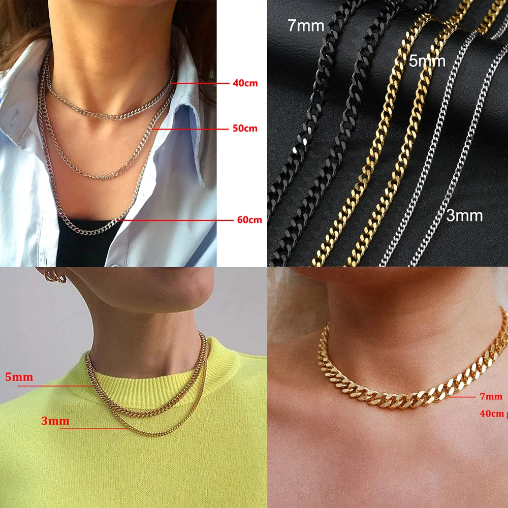 3mm/5mm/7mm Hip Hop Curb Cuban Link Chain Choker Necklace for Women Men Punk Stainless Steel Chains Punk Jewelry
