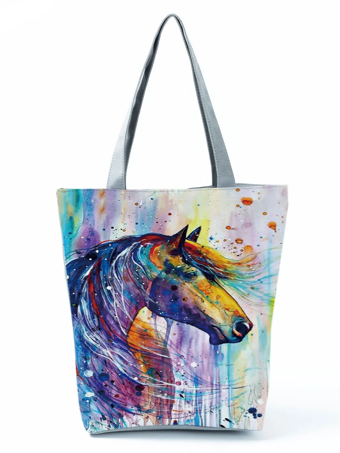 Watercolor Horse Print Shopping Bag Tote Folding Reusable Traveling School Shoulder Bag Casual Handbags For Women Custom Pattern 