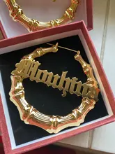 DOREMI-pendientes de aro de bambú de acero inoxidable, personalizables, con nombre, estilo bambú, con palabras llamativas