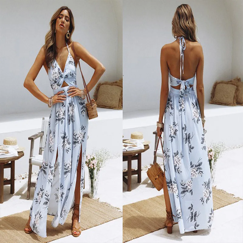 Summer Elegant Dresses For Women Sling Clothes Chiffon Printed Dress Sexy Split Beach Dresses long sleeve wedding dresses Dresses