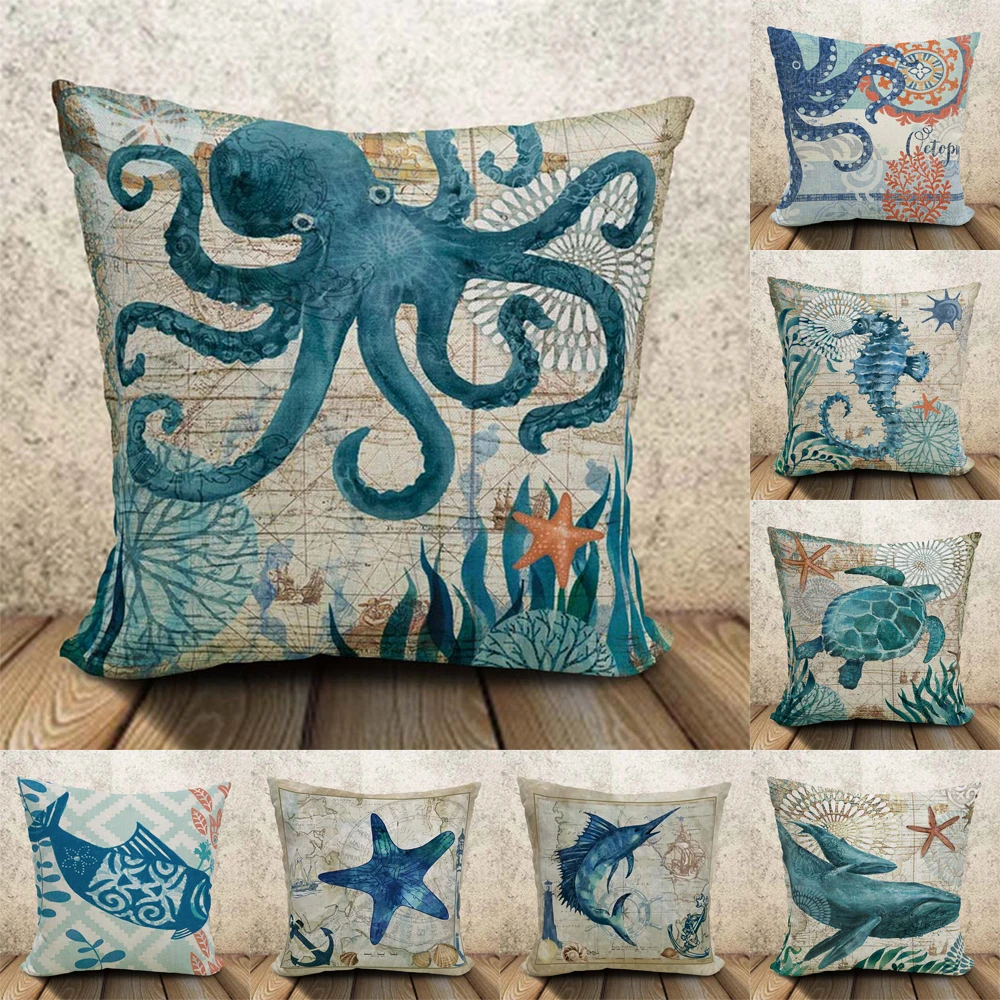 

Mediterranean Style Throw Pillow Case Sea Theme Decorative Square Cotton Linen Coastal Cushion Cover