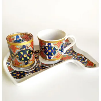 

3-Piece Special Turkish Handcrafted Tile Pattern Espresso Turkish Coffee Elegant Presentation Set Cups, Glass and Tray