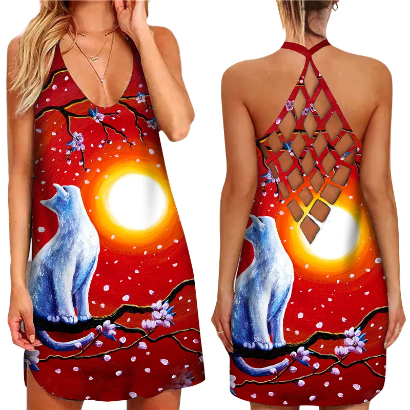 Aberta para trás Suspender Oco sem Mangas Verão Digital Gato Impresso Vestido Feminino Sexy Criss-cruz Meninas Casual Solto 3d 30 Online shopping