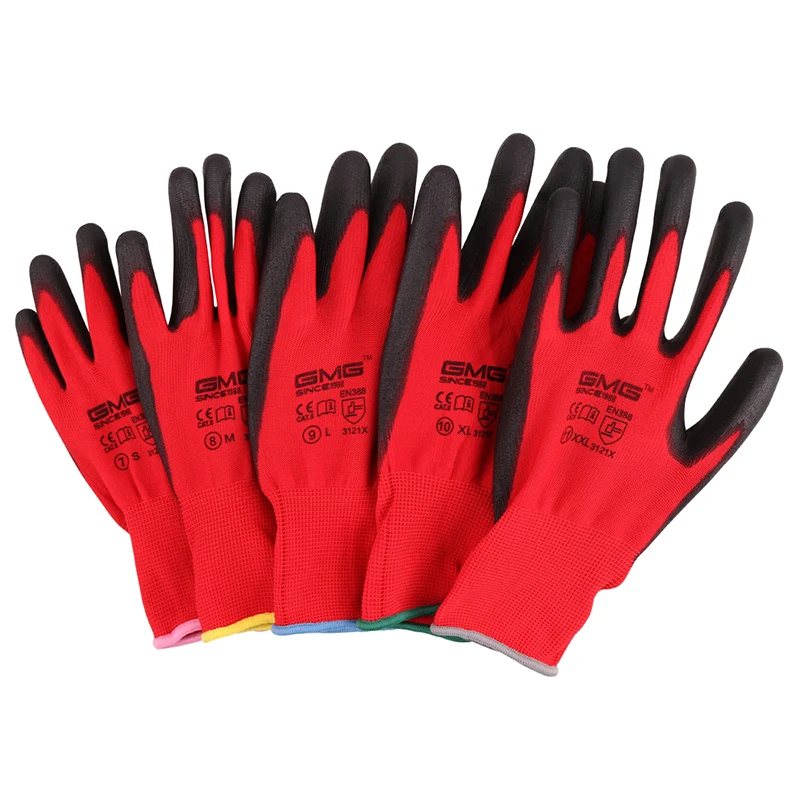 Hot Sale GMG CE Certificated EN388 Red Polyester Black PU Work Safety Gloves Mechanic Working Gloves