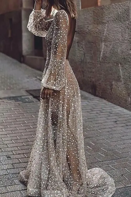 Sexy V-neck Wedding Dress, Sparkle Bling Bling Wedding Dress, Hot Long Bridal Dress Wedding Gown