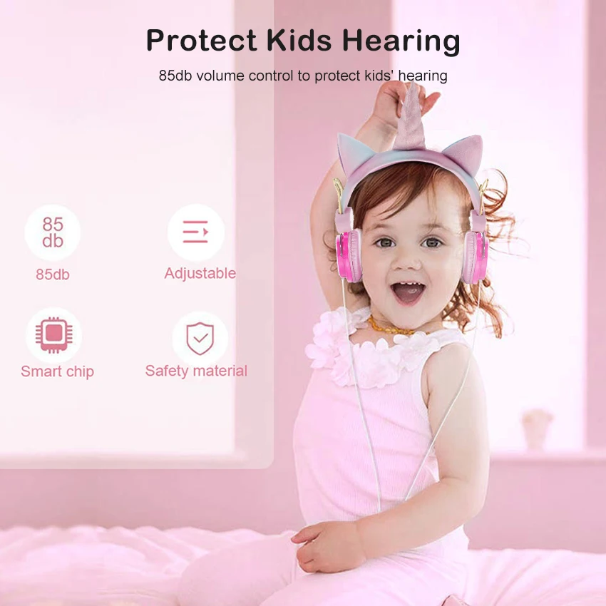 MiniBorn Children Headphones Wired Cute Unicorn Bass Foldable Headset Over the Ear Headphone Gaming Headset