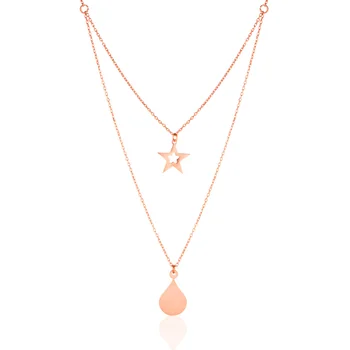 

925 Sterling Silver Pendant Necklace Rose Gold Plated Jewelry Double Layer Star and Water Drop with 45cm Long Chain