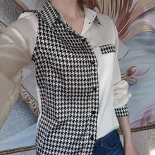 Blusa de satén de pata de gallo para oficina, Tops empalmados de mujer, ropa Coreana de retales, camisa de manga larga, color Beige, de talla grande, 2021