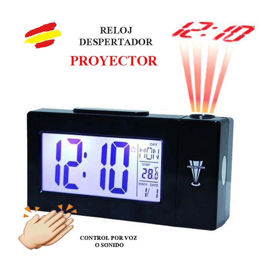 RELOJ DESPERTADOR PROYECTOR Control por sonido TERMOMETRO ALARMA Pantalla LCD