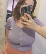 T-Shirt Women Tops Button-Crop-Top Short-Sleeve O-Neck Basic Blue Ruffles Casual Summer