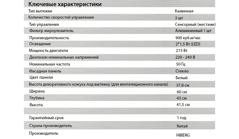 ВЫТЯЖКА HIBERG VM 6090 W таблица 800х800