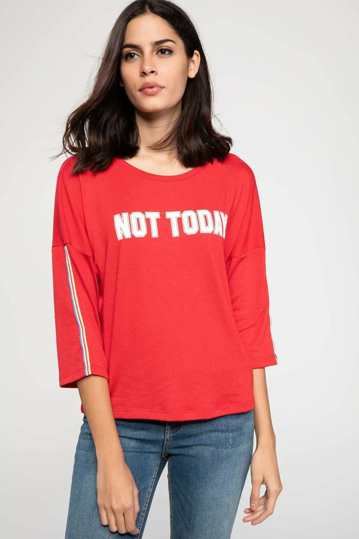 

DeFacto Woman Autumn Red Color Cotton Top Tees Women Casual Mid-sleeve Letter Prints Long Sleeve T-Shirt-J8045AZ18AU