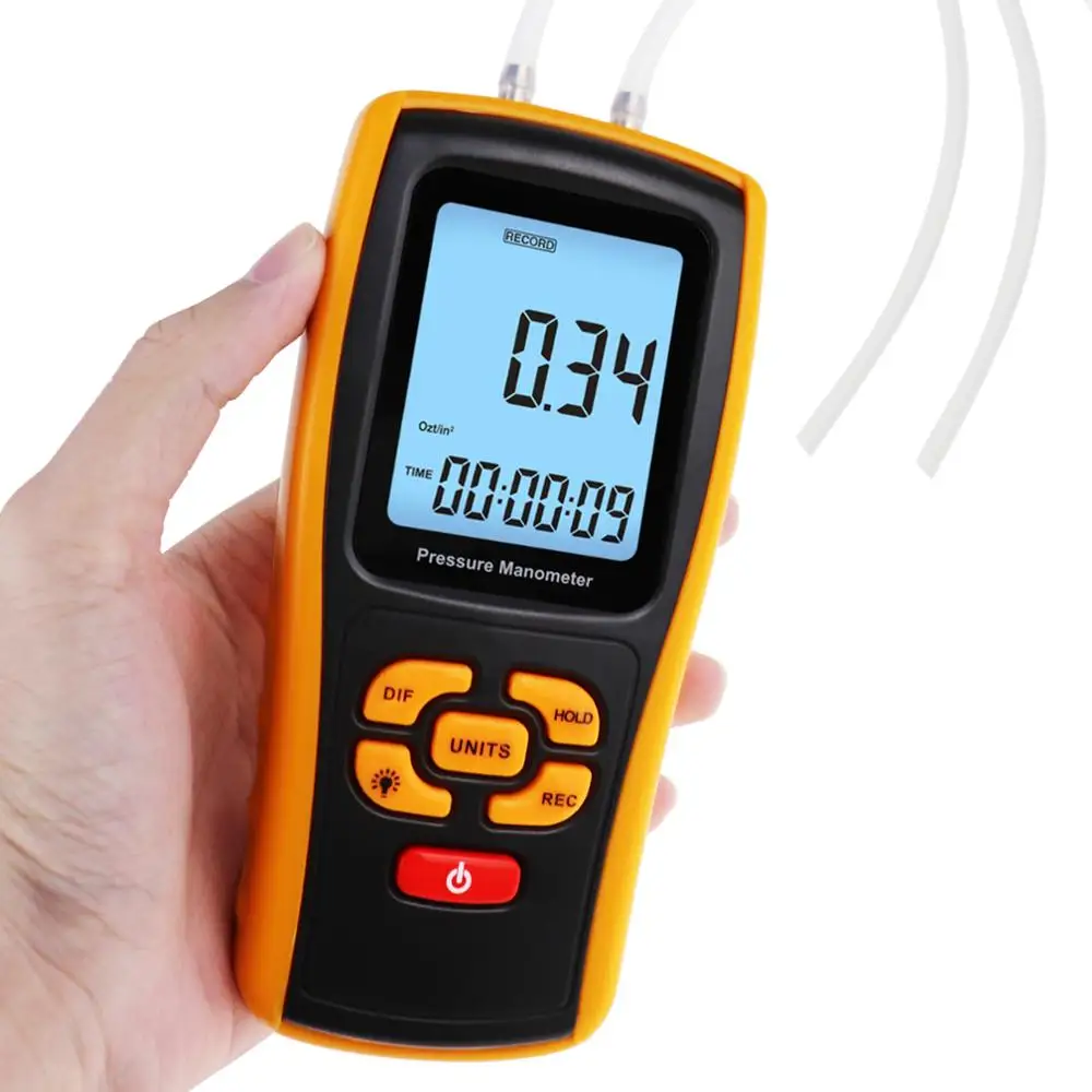 KASUNTEST Dual Input Digital Manometer Air Pressure Meter Gas Pressure Tester/w 11 Units 