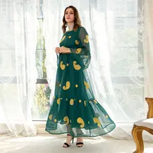 

Exotic Ramadan Muslim Women's Mesh Green Flared Sleeve Dress with Gold Lace Belt For Muslim