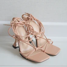 Aneikeh de verano zapatos de mujer Sandalias, de la Pu de moda Cruz-atado tacones de encaje fiesta bombas tamaño 35- 42 albaricoque blanco negro