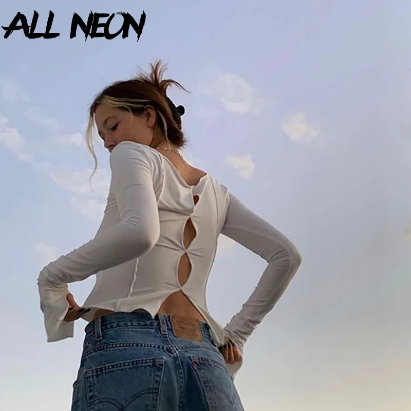 ALLNeon Y2K Aesthetics Hollow Out Stitch Long Sleeve T-shirts E-girl Vintage Solid O-neck Cropped Tops 90s Fashion Streetwear
