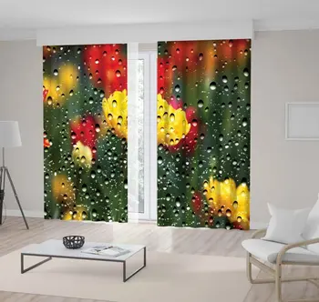 

Curtain Tulips Flowers through Window Glass Covered by Water Drops Yellow Red Green Romantic Nature View Printed