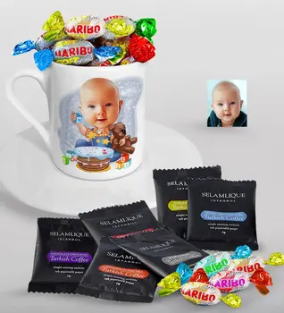 

Personalized Baby Birthday Caricature Of Turkish Coffee Cup Selamlique Mixed Turkish Coffee house And Haribo Candy Gift Seti-1