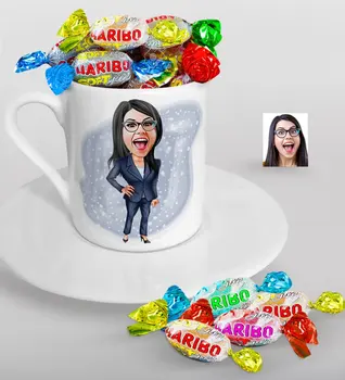 

Personalized Women 'S Boss Caricature Of Turkish Coffee cup And Haribo Candy Gift set-4