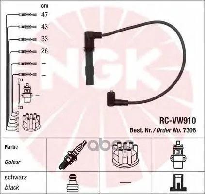 Комплект Проводов Зажигания 7306 / Rc-Vw910, Audi A2 1.4, Vw Golf 4/Bora/Polo 1.4/1.6 V4 97 NGK арт. 7306