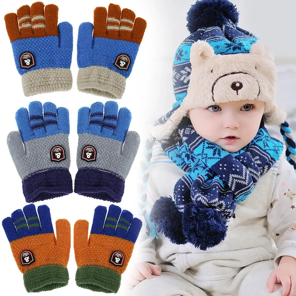 Зимние теплые детские перчатки, хлопковые детские теплые вязаные эластичные варежки для девочек и мальчиков, лоскутные Детские эластичные варежки, перчатки на палец