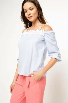 

DeFacto Lady Sexy Fashion Off-shoulder Lace Solid Short Sleeve Shirt Casual Women Blouse Female Summer New - I0771AZ17HS