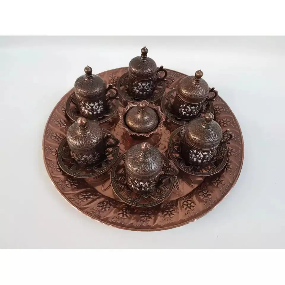 1- Copper Ottoman Turkish Arabic Tea Coffee Espresso Cups Mug Set - 6 pcs Cups Sauces with Tray, Sugar Bowl Made in Turkey Gift Box