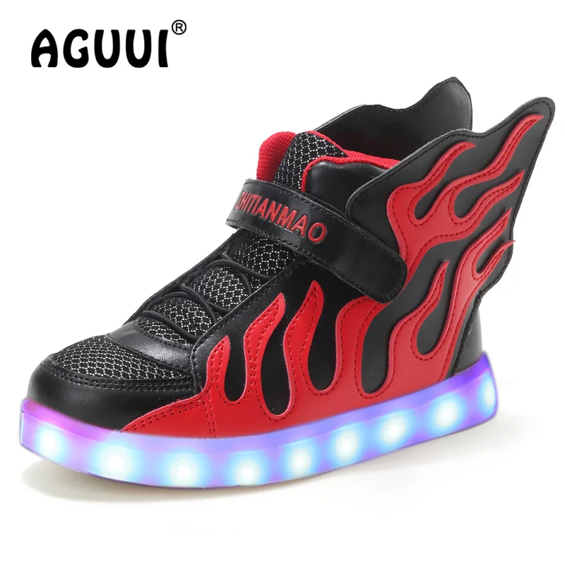 Children Led Luminous Shoes with Flame Wings Boys&ampGirls High Top Sports Shoe USB Charging Glowing Sneaker Size 25-37 | Детская одежда