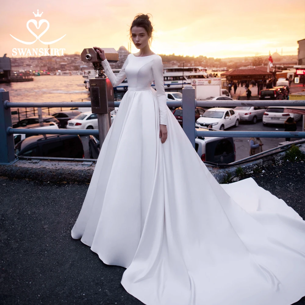 Элегантное атласное свадебное платье, юбка-лебедка, длинный рукав, а-силуэт, кристалл, шлейф, свадебное платье принцессы, Vestido De Noiva Q105