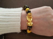 Pulsera de Feng Shui con cuentas de obsidiana, pulsera negra con abalorios de piedra obsidiana, con símbolo de Pixiu, pulsera de la buena suerte, para hombres y mujeres