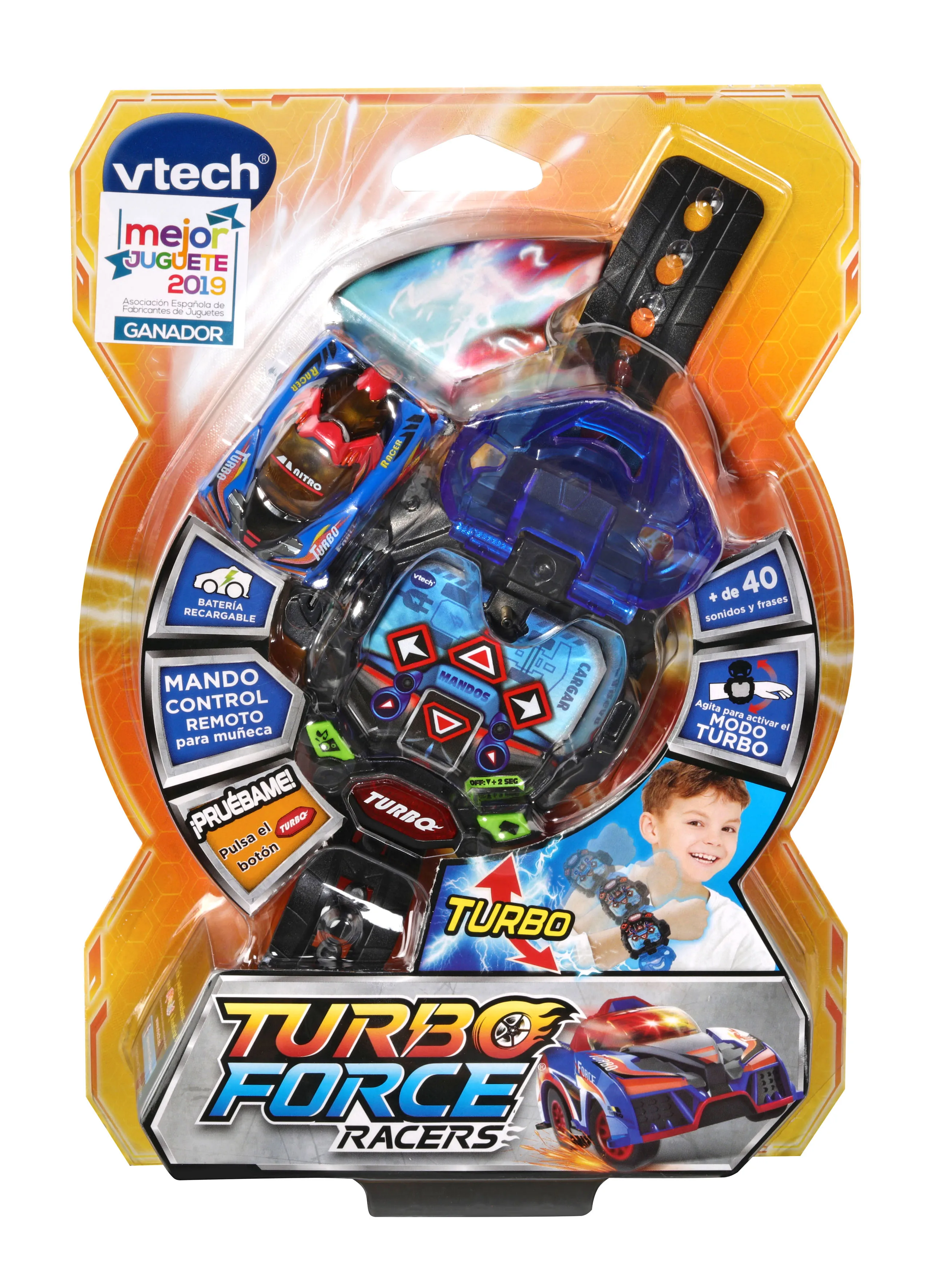 Vtech Turbo Force Racers voces en español Coche control remoto con mando adaptado para llevar en la muñeca conduce en 6 direcciones y activa el modo turbo 