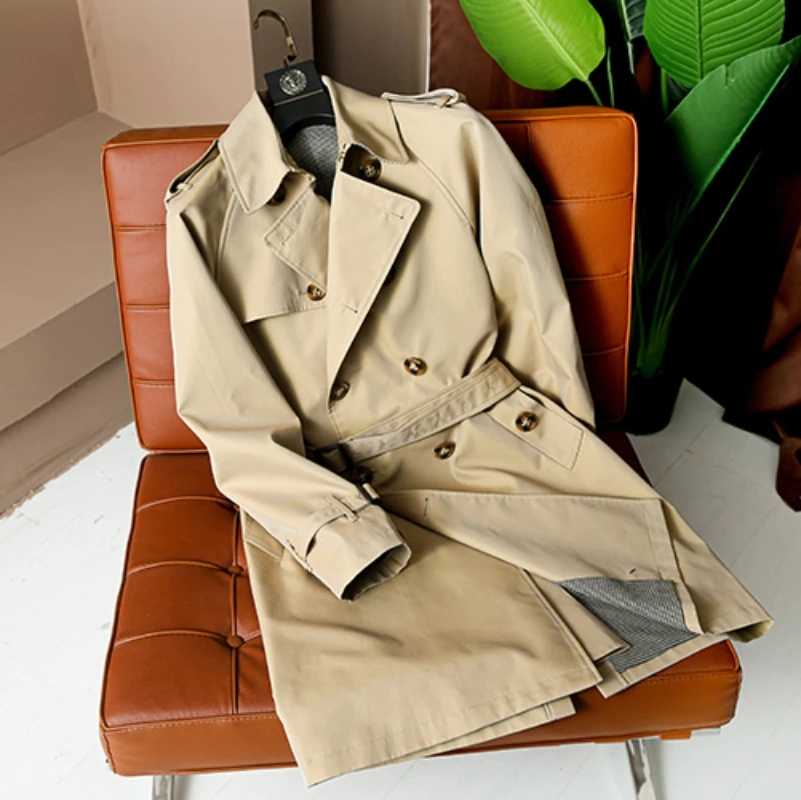 Men Trench Coat Mid-length Double Breasted Windbreaker Loose Fit Autumn Winter Vintage Military