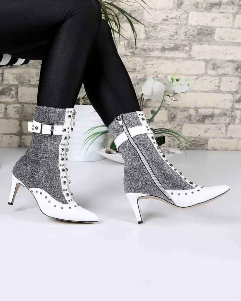 

Mosimoso Women's Ankle Height Boot Gladiator White Patent Leather Gray Armor Heels Women Boots
