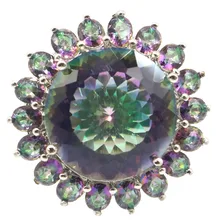 

31x31mm Delicate Fine Cut Big Gemstone Aquamarine Fire Rainbow Mystic Topaz Women Dating Silver Rings