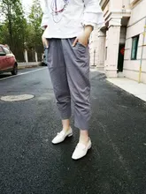 Pantalones de lino y algodón para mujer, pantalón harén holgado, informal, con cintura elástica, Color liso, para primavera y verano