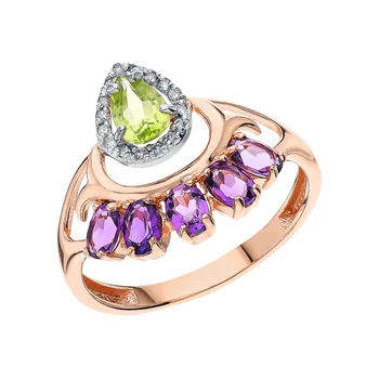 

Silver ring with хризолитом, amethyst and cubic zirconia sunlight sample 925