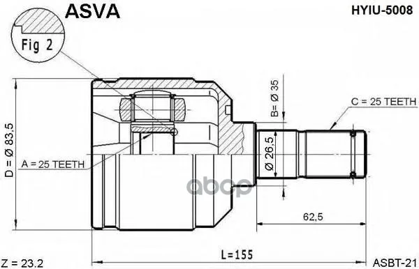 Шрус Внутренний Hyundai Elantra/Lantra 1996-/25*35*25 ASVA арт. HYIU5008