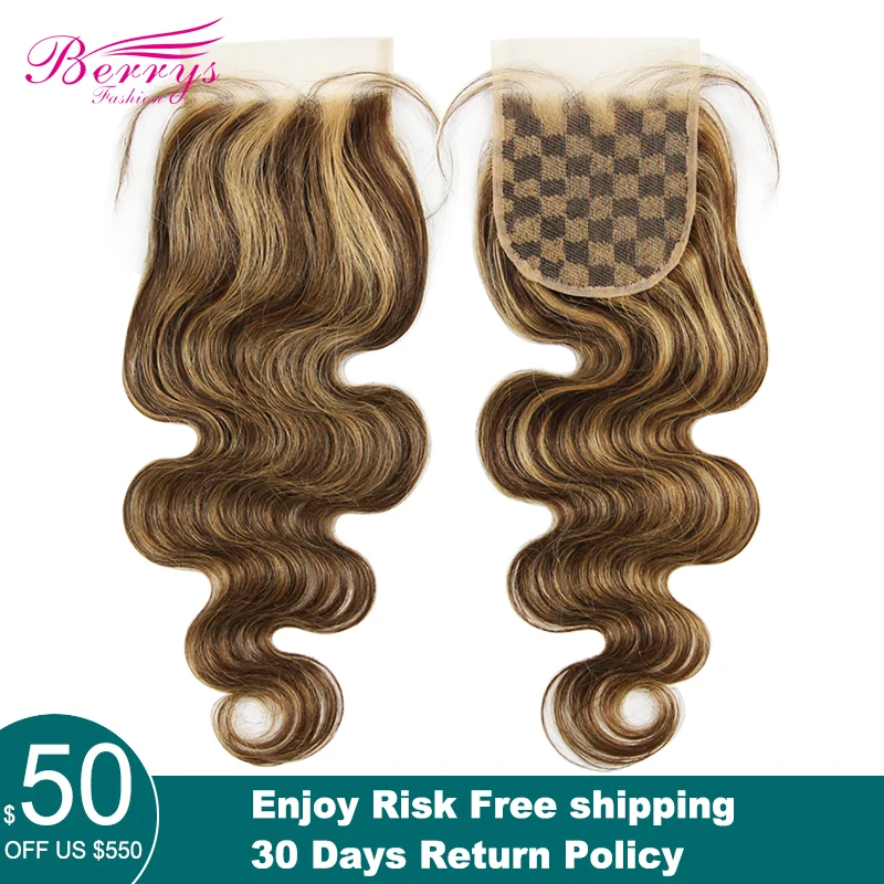 

Body wave Transparent Lace Closure 4X4 Free Part With Baby Hair PrePlucked Brazilian Virgin Closure Hair #04 Piano Color women