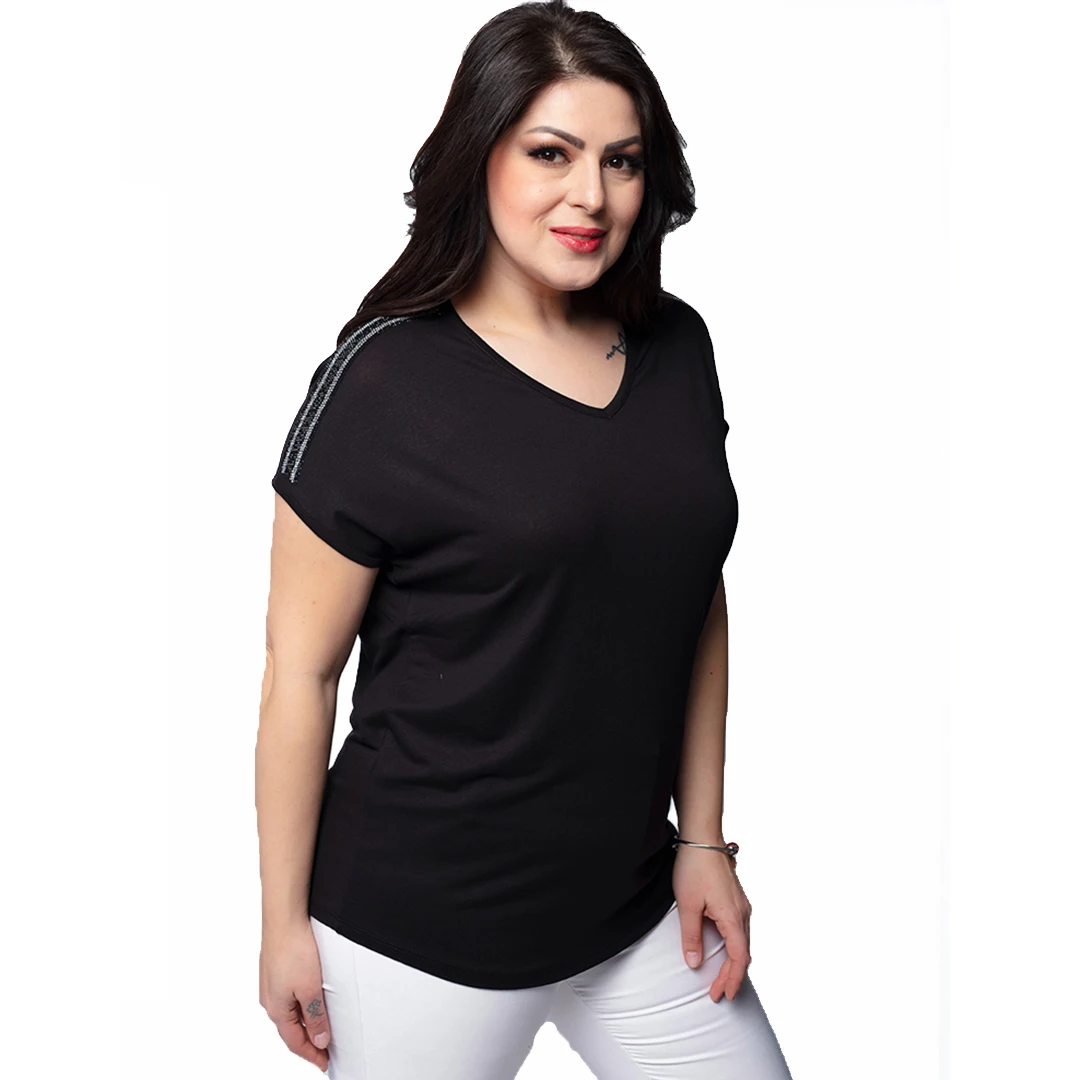 여성용 플러스 사이즈 V 넥 및 다이아몬드 숄더 블랙 블라우스, 터키, 신착 품 