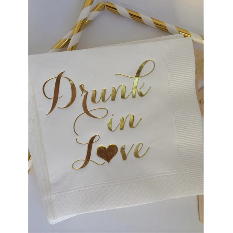 

50pcs Custom White with Metallic Gold Foil Cocktail Beverage Napkins Napkin Drunk in Love Hearts Heart Wedding Party baby shower