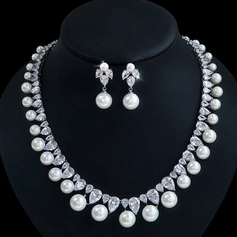 SEESKY Promotion Hot Sales S925 Silver Needle Pearl Zircon Earrings Necklace Female Jewelry Sets For Party Wedding | Украшения и