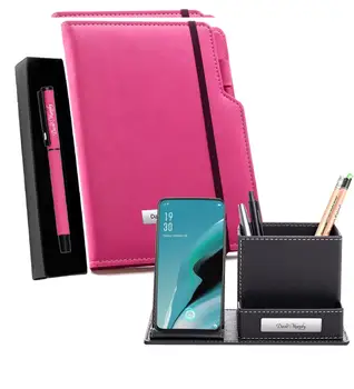 

Isme Custom Metal Pen & Pink Notebook & Business Card And Note Compartment Penholder