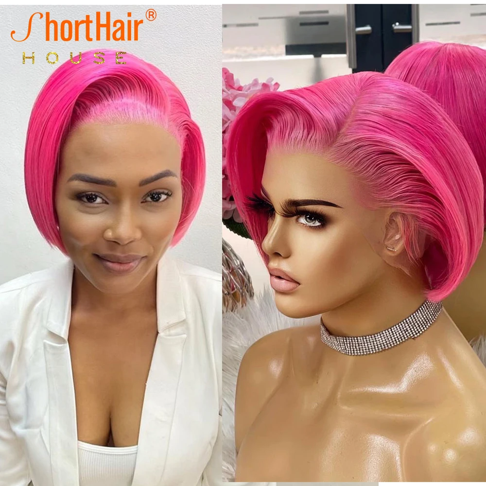 Pixie Cut Wig Human Hair Bob Wigs 613 Lace Frontal Wigs For Women Preplucked Brazilian Remy Hot Pink Color Natural Side Part Wig
