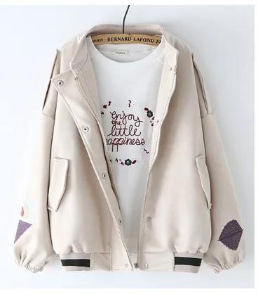 

Obrix Spring Autumn Loose Female Jacket O-Neck Wide Waisted Full Sleeve Streetwear Casual Style Embroidery Sporty Jacket