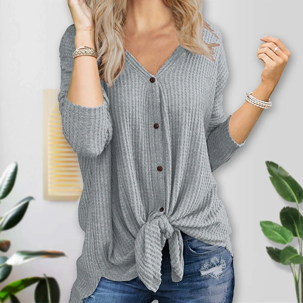 Cocobla Women Button Knit Cardigan Loose Tie Knot Waffle Sweater V Neck Henley Shirt