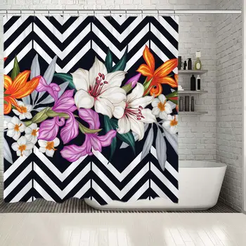 

Shower Curtain Tropical Flowers Lilies Leaves Branches and Zigzag Geometric Pattern Printed Black White Orange