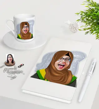 

Personalized Veil Lady Teacher Caricature Of White Notebook Pen Turkish Coffee Cup Seti-3