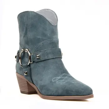 

FootCourt- Suede Blue Genuine Leather Cowboy Ankle Boots New Fashion Embossing Ankle Boots Chunky Wedges Boots Runway Handmade