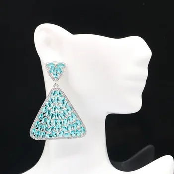 

54x38mm Awesome Super Big European Design Jewelry Created Trangle Blue Aquamarine Zircon Women Silver Earrings Party