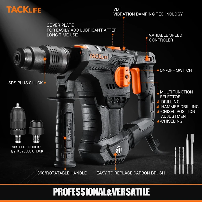 Tacklife 9.5a 1050w Rotary Hammer Drill 